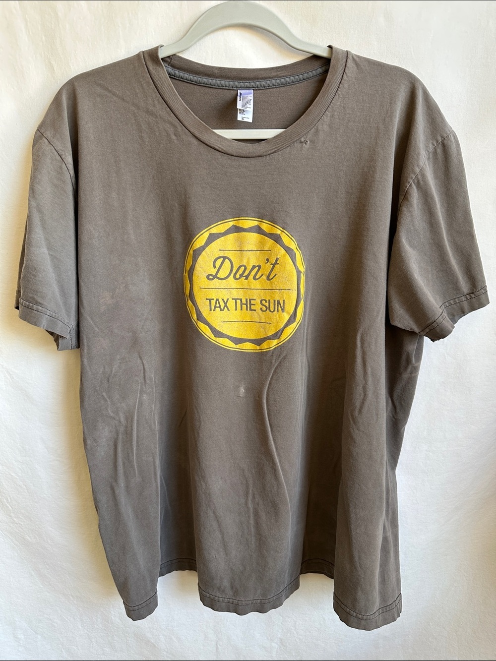 American Apparel gray and yellow "Don't Tax The Sun" T-shirt, size XL